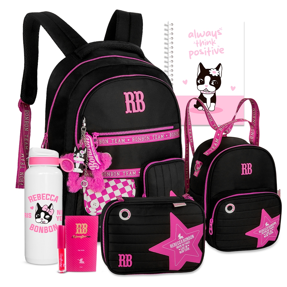 Kit Mochila Rebecca Bonbon - Lancheira Térmica + Estojo + Box Escolar Nova Coleção Exclusiva Juvenil