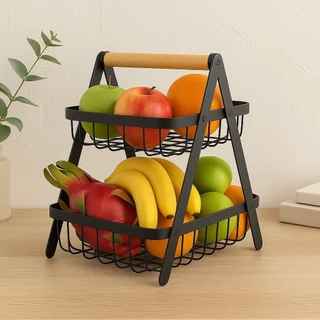 Fruteira Retangular 2 Andares de Ferro com Alça de Madeira – Organizador de Cozinha