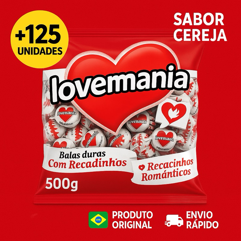 Bala Lovemania 500g – Sabor Cereja – +125 Unidades – Com