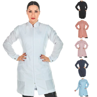 Jaleco Feminino Acinturado Oxford Manga Longa Com Zíper Gola Padre Várias Cores Estética Enfermagem em Oferta na Shopee
