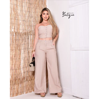CONJUNTO FEMININA CALÇA pantaloa E CROPPED com botão EM TECIDO MARRANT
