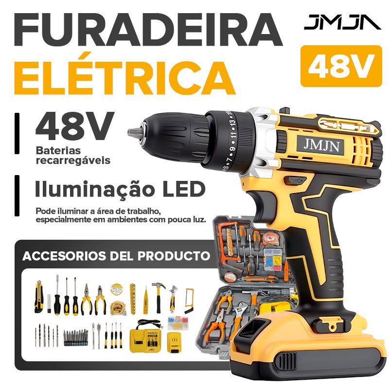 JMJN Furadeira Parafusadeira Sem Fio 48V 118 Peças com Bateria