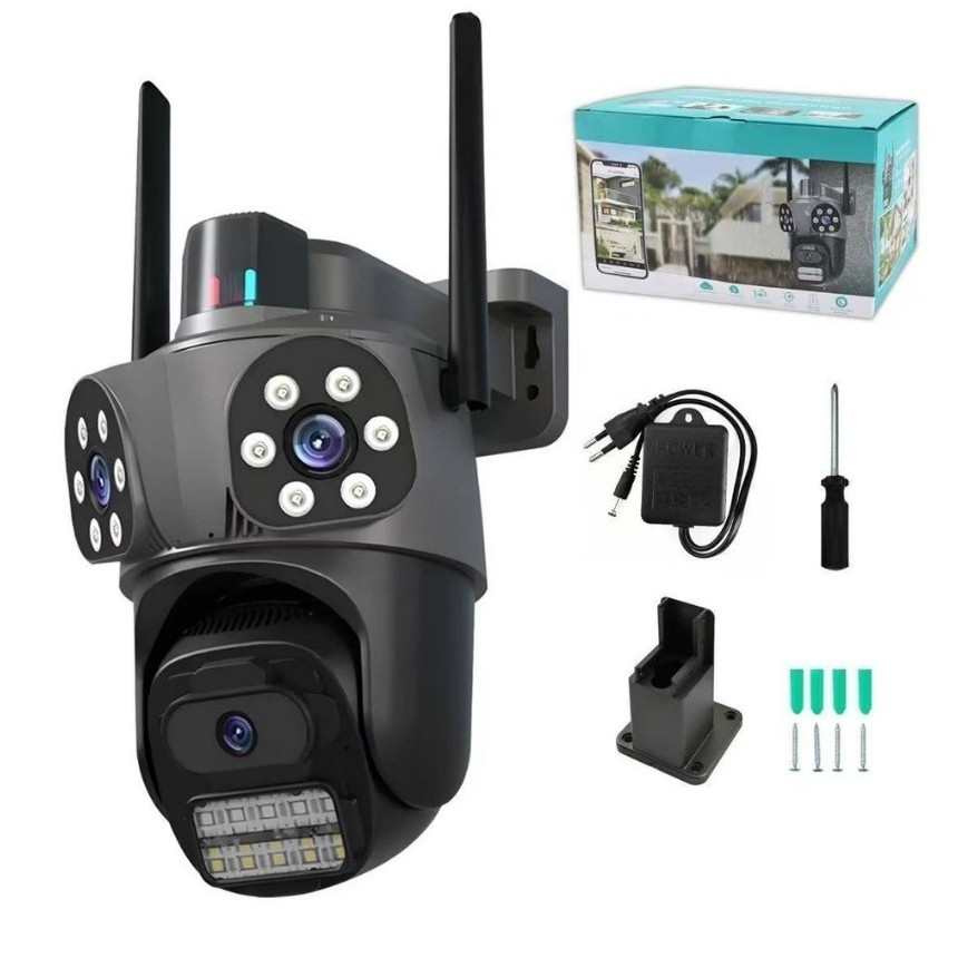 Câmera de segurança Wi-Fi externa 3 lentes, 360°, zoom óptico, visão ...