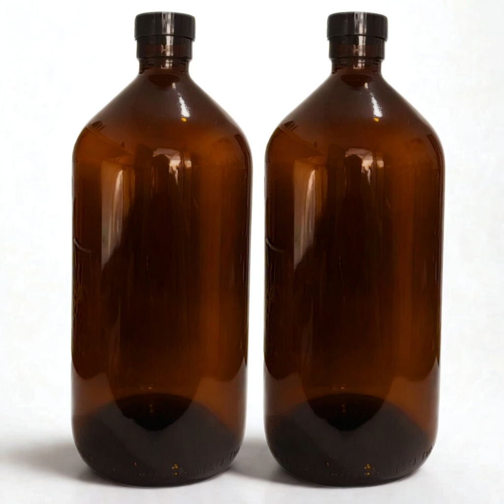 Kit 2 Frascos Âmbar 1000 ml (1 Litro) | Tampa + Batoque | Vidro para Maceração