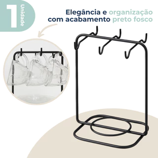 Suporte Organizador Porta Xícaras De Chá e Pires Com 6 Ganchos Preto Fosco Future em Oferta na Shopee