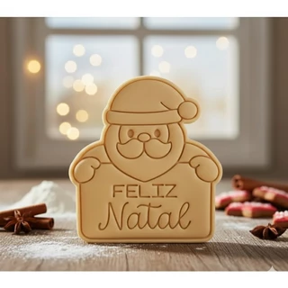Forminha Cortador Carimbo Marcador Bolacha Biscoito - Papai Noel com Placa Feliz Natal 6CM