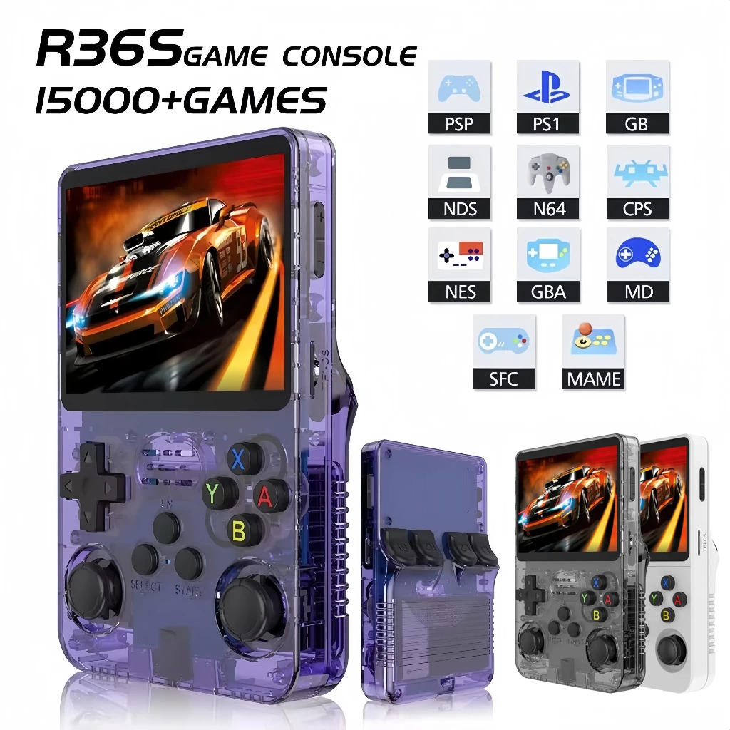 3 Cores Console Portátil R36S com 15,000 Jogos Vídeo Game 64g Arkos Tela IPS 3,5 Pol Presentes Meninos