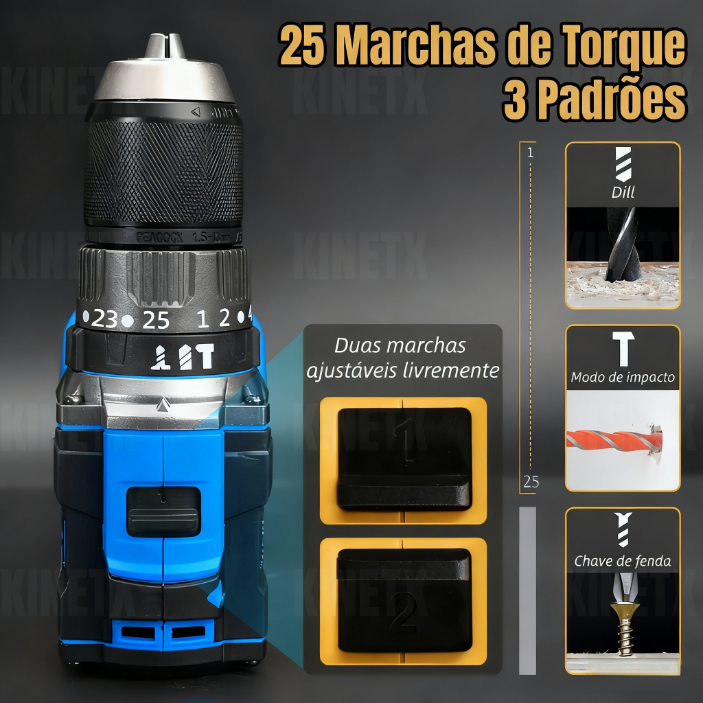 KINETX Furadeira Parafusadeira Impacto Brushless 2 Baterias 10mm