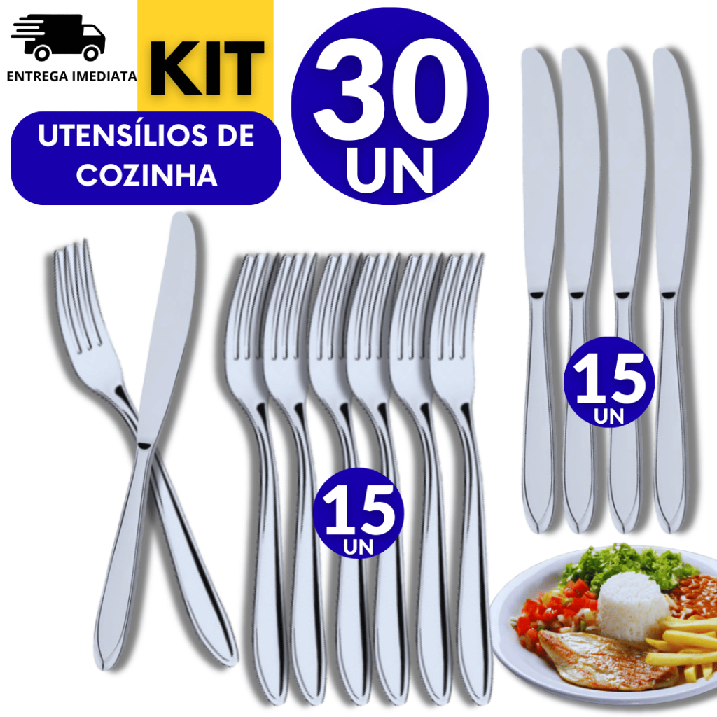 Combo 30 Unidades Talheres Inox 15 Faca 15 Garfo Casa Cozinha ...