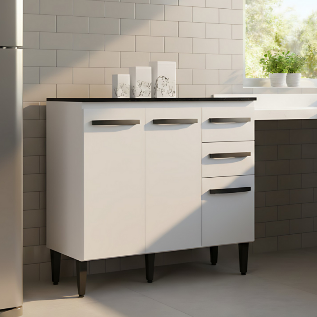 Foto de Armário Cozinha Balcão 2 Portas 3 Gavetas Organizador Multiuso Larzen Móveis