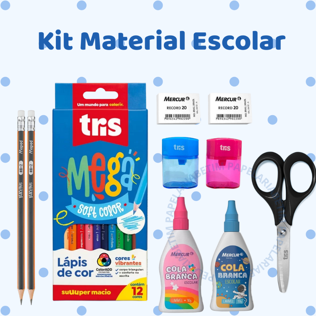 Kit Material Escolar Com Lápis de Cor Tris | Shopee Brasil