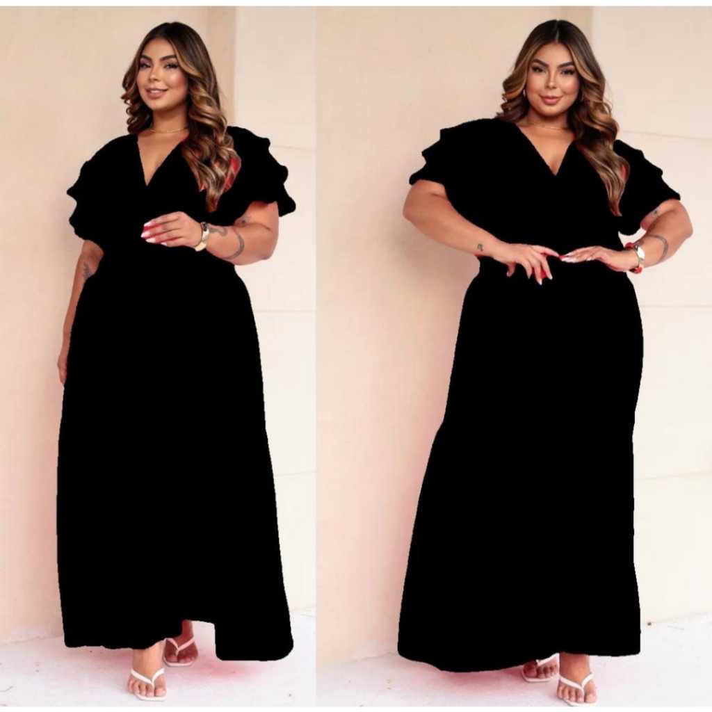 Vestido Longo Plus SIze Babado Soltinho Tecido Duna Tres Marias