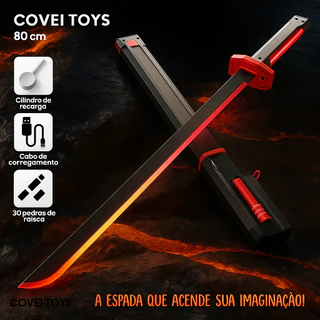 Espada Katana Samurai Grande 80Cm Com Led RGB Faisca e Fumaça Sabre de Luz Iluminado Covei Toys