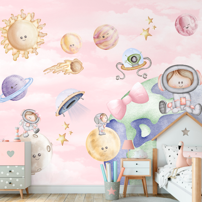Papel de Parede Universo Rosa com Astronautas Fofos Encanto e Aventura ...