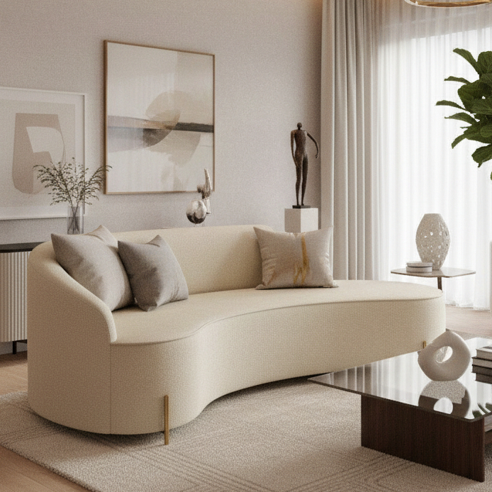 Sofá Orgânico 4 Lugares Morgan Linho 220cm Curvo Design Moderno Premium Sala Estar Pés Ferro Dourado