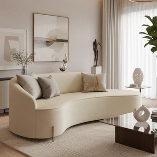 Sofá Orgânico 4 Lugares Morgan Linho 220cm Curvo Design Moderno Premium Sala Estar Pés Ferro Dourado