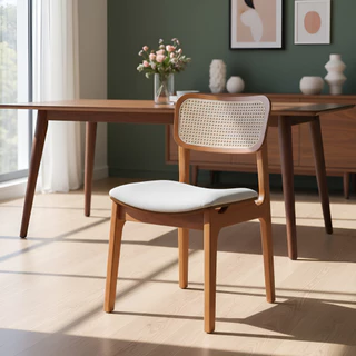 Kit Cadeiras Área Gourmet Para Sala De Jantar Em Madeira Maciça Linho Branco Encosto Rattan Estofada