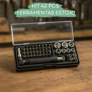 Kit Ferramentas 42 Peças com Chave Articulada + Bits e Soquetes Compacto e Completo Portatil Estojo