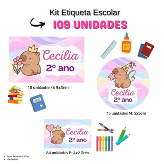 kit 109 Etiquetas Escolares CAPIVARA Adesivos Personalizados