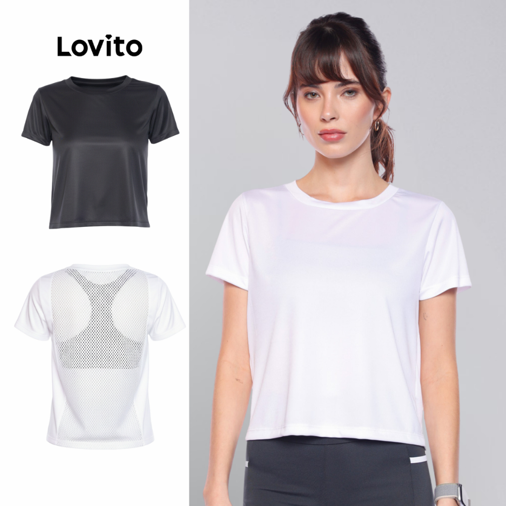 Lovito Camiseta Basica Academia Detalhe Costas Esportiva Casual Lisa Feminina LB14861516