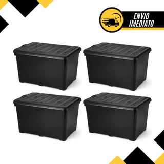 Kit 04 Caixa Organizadora 95 Litros Reforçada Com Trava Tampa e Rodinhas Empilhável Preta em Oferta na Shopee
