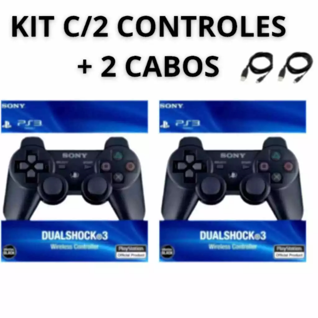 Kit 2 Controle Joystick Ps3 Sem Fio + Cabo Carregador