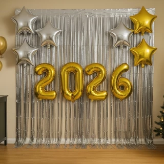 Kit Decoração 2026 Ano Novo 2 Cortinas Metalizadas 1x2 14 Balões Estrela 10" Festas Eventos