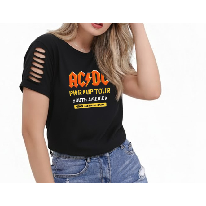 Camiseta AC/DC POWER UP TOUR 2026 São Paulo - Blusa Feminina Destroyed ...