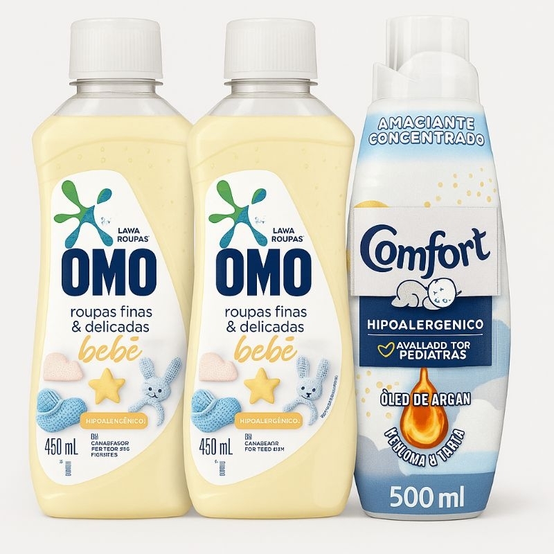 Kit 3 Unidades OMO Bebê 450ml 2un  + Comfort Puro Cuidado 1uni 500ml — Hipoalergênico, Delicado e Ap