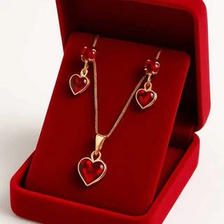 Conjunto Colar e Brincos Coração Vermelho Banhado a Ouro 18k Semijoia Feminino Namorada Mae festas