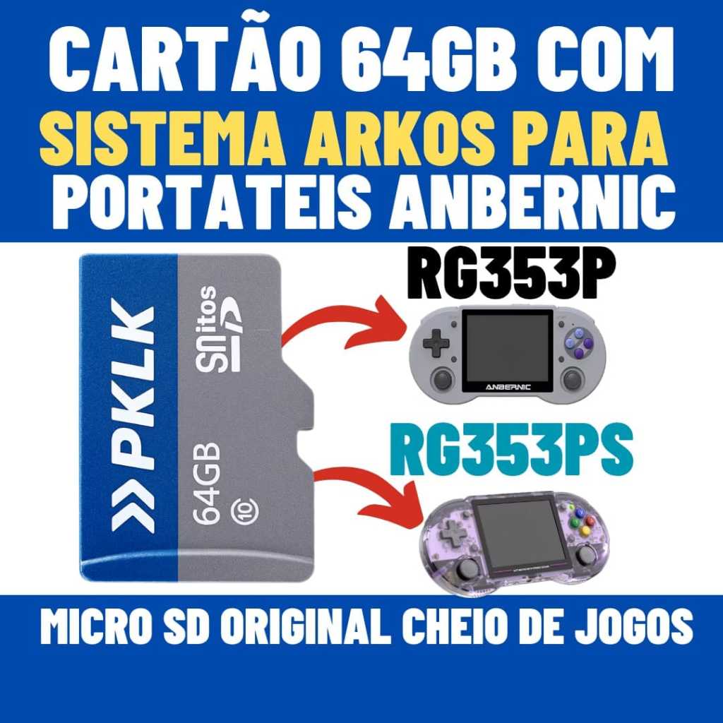 Cartão 64GB Com Sistema Arkos e Jogos para Portátil Anbernic RG353P e ...