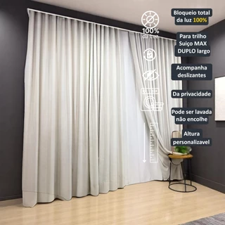 Cortina Trilho Suiço Duplo p Sala/Quarto Teto Alto Forro em Blackout e Frente em Linho Gaze
