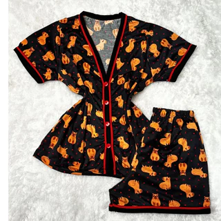 Pijama Feminino Adulto Americano Gola V com Botões que Abrem Short e Camisa Estampa Capivara Calor em Oferta na Shopee
