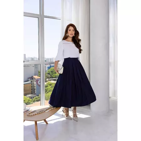 Saia Midi Feminina de Alfaiataria Amarelo Manteiga – Cintura Alta e Pregas Elegantes Moda Modesta