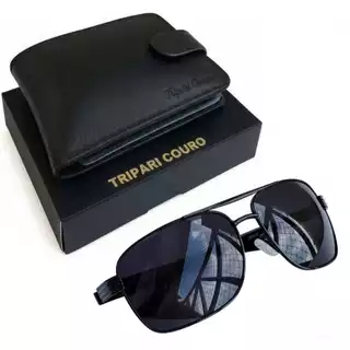 Kit carteira masculina + óculos escuro Carteira couro legítimo óculos com proteção UV400