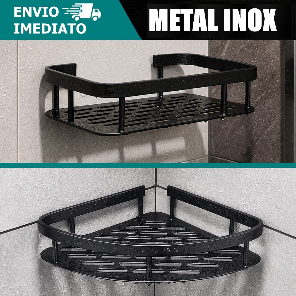 Prateleira Inox Sem Furacao Suporta 5kg Banheiro Nicho Preto para Shampoo Sabonete Fácil Instalação