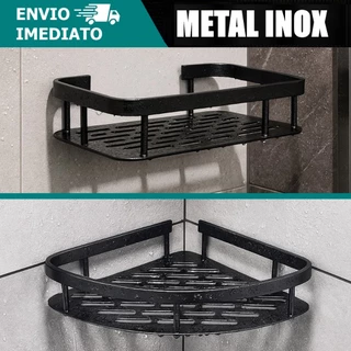 Prateleira Inox Sem Furacao Suporta 5kg Banheiro Nicho Preto para Shampoo Sabonete Fácil Instalação