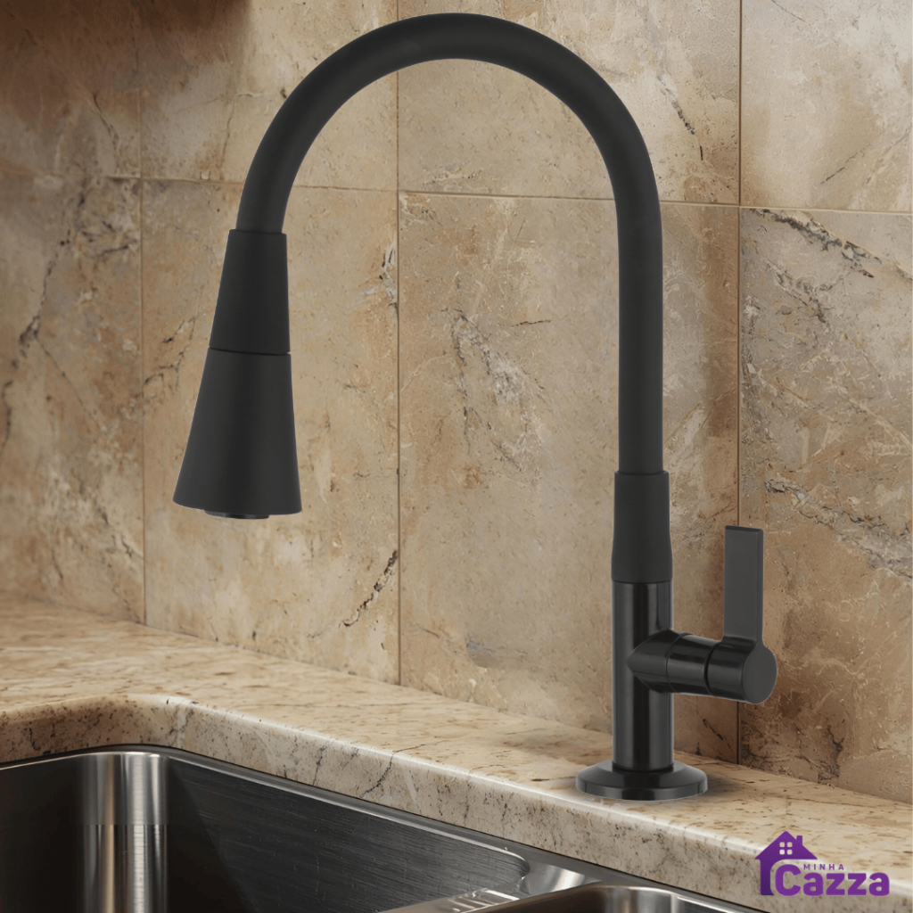 Torneira Pia Cozinha Gourmet Preto Chuveirinho Cozinha Bancada Flexível 2 Jatos Total Black