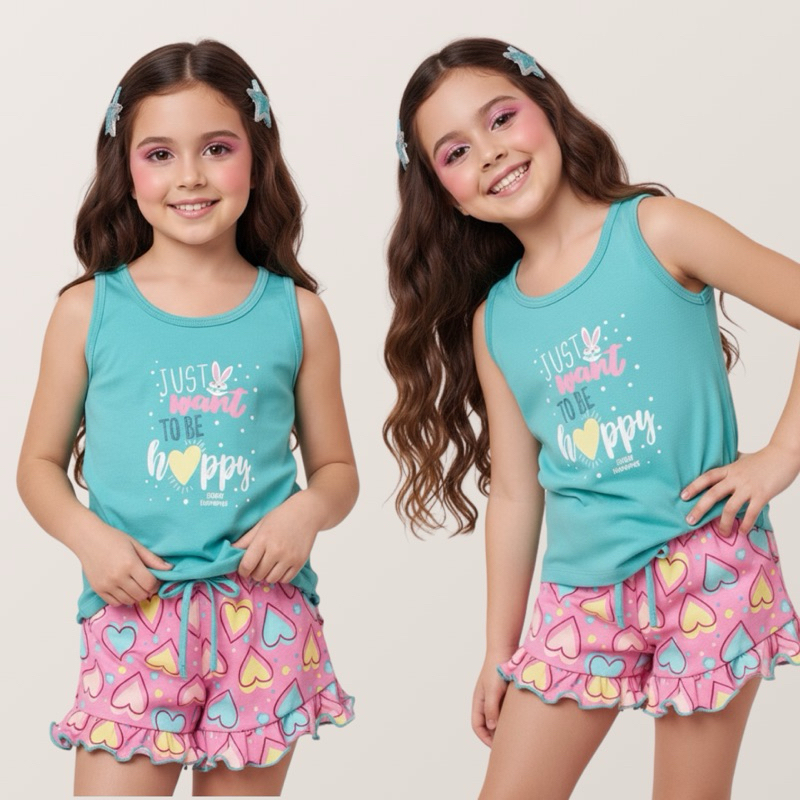 Pijama Regata Infantil Feminino Verão Suede Premium | Short Estampado de Babadinho Sortido em Oferta na Shopee