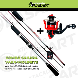 Kit de Pesca | Molinete Sahara Pescador 3000 | Vara de Fibra de Carbono 1,65m Duas Partes | Pesca