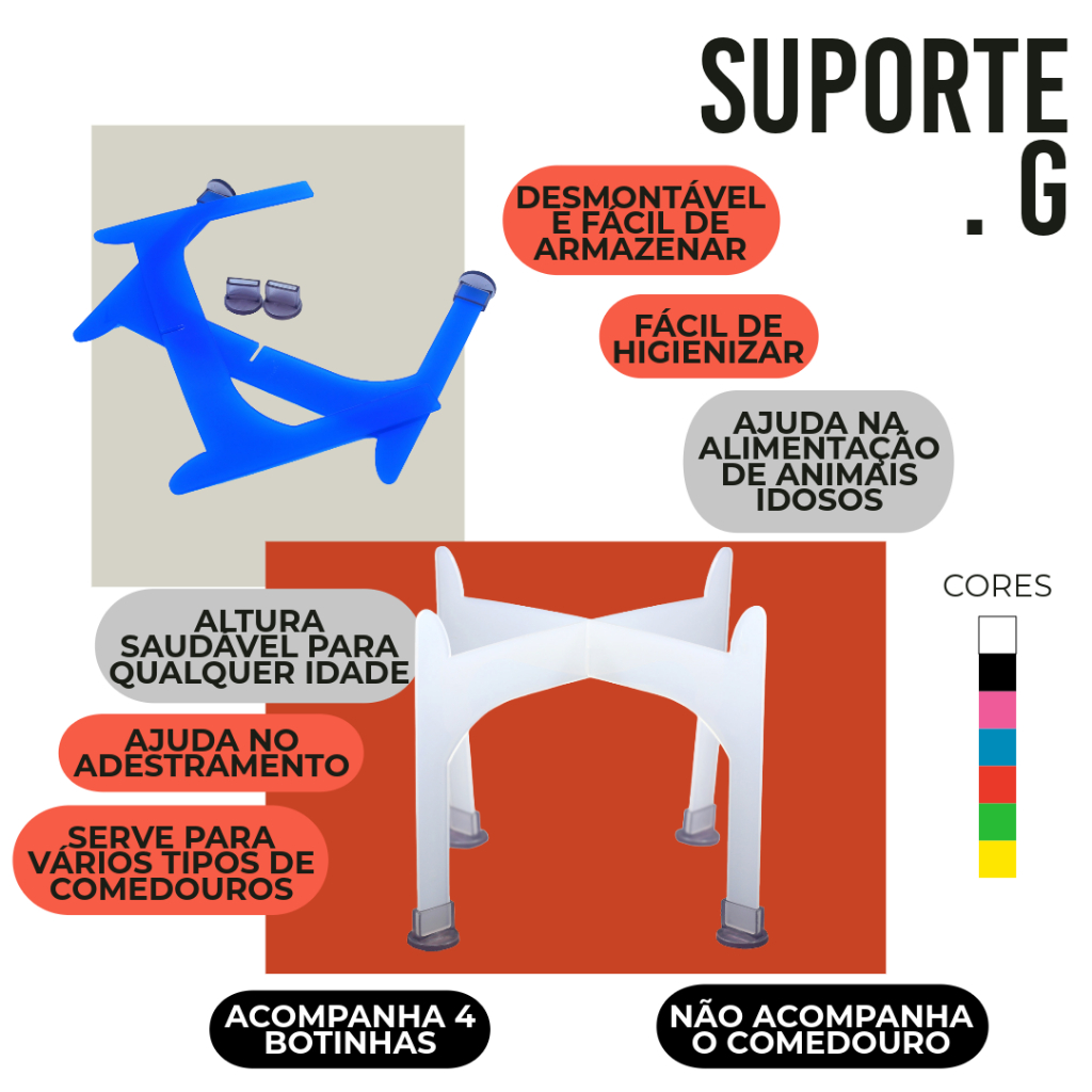 Kits ou Avulso Suporte Elevado Conforto Color G para Comedouros 1500ml Alto Ergonômico Articular Prático BPA Free