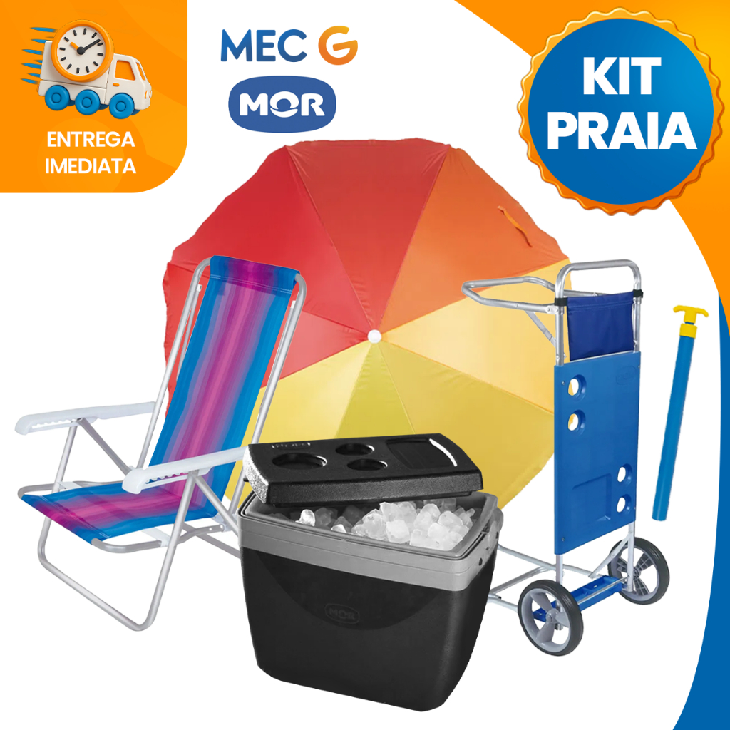 Kit Praia 4 Cadeiras Sortidas Reclinável + Guarda Sol Fashion + Saca Areia+ Carrinho+ Coller 18 Lts
