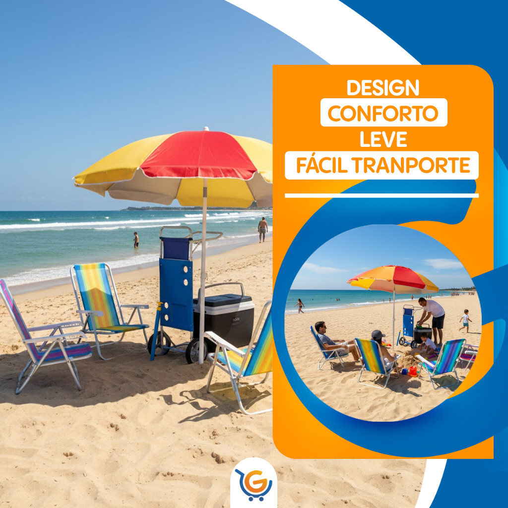 Kit Praia 4 Cadeiras Sortidas Reclinável + Guarda Sol Fashion + Saca Areia+ Carrinho+ Coller 18 Lts - 4