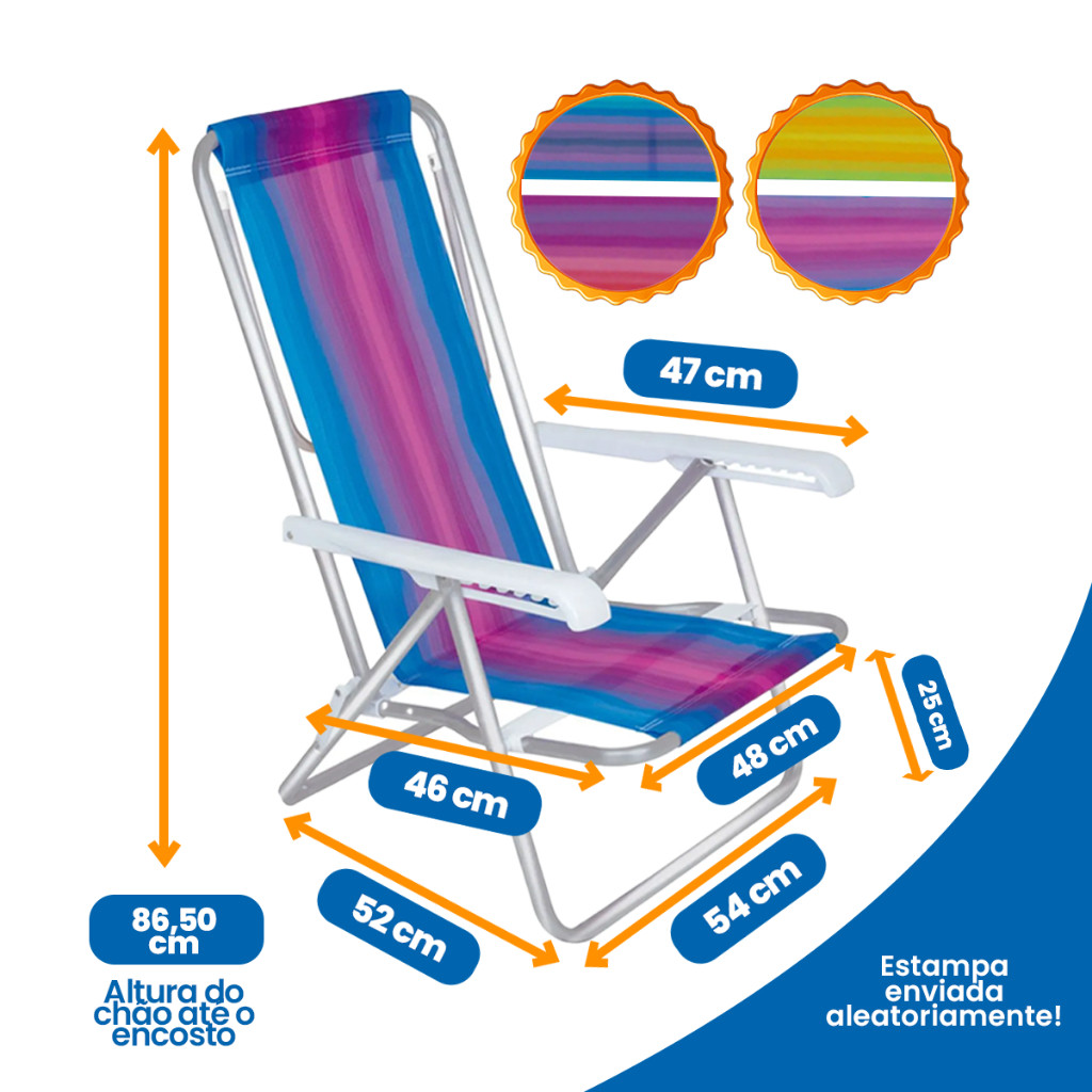 Kit Praia 4 Cadeiras Sortidas Reclinável + Guarda Sol Fashion + Saca Areia+ Carrinho+ Coller 18 Lts - 5