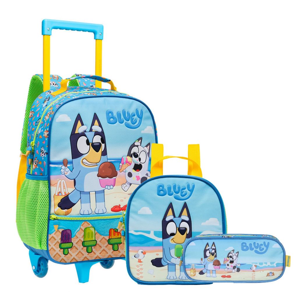 Kit Escolar Bluey: Mochila 16" com Rodinhas, Lancheira e Estojo Xeryus