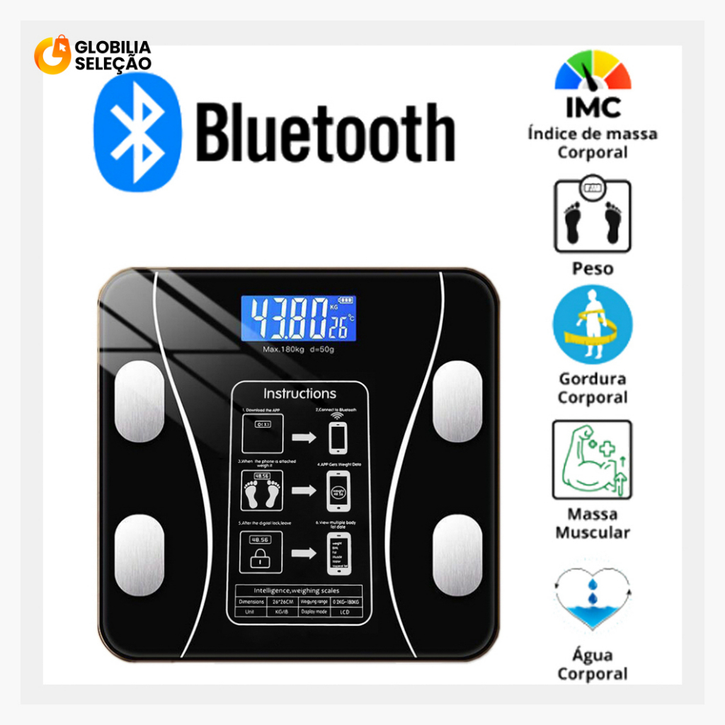 Balança Digital Medidora Corporal Bioimpedância Profissional Bluetooth 180Kg Pilhas Preto cor Branco USB KD2123