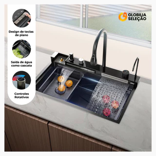 Cuba Cascata Pia Com Torneira Lavador De Copos Completa Acessórios Aço Inox 304 Cozinha Gourmet Cor Preto 75*45cm em Oferta na Shopee