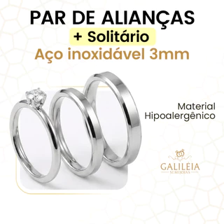 Par De Alianças de Namoro + Solitário Prata Fina 3mm Anel de Compromisso Aço Inox Em Envio Imediato