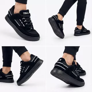 Tênis Tesla Coil Black White Casual Reflect Bordado Camurça Premium Skate Macio