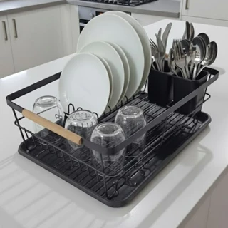 Escorredor Organizador De Louças Inox Com Alça em Bambu e Porta Talheres